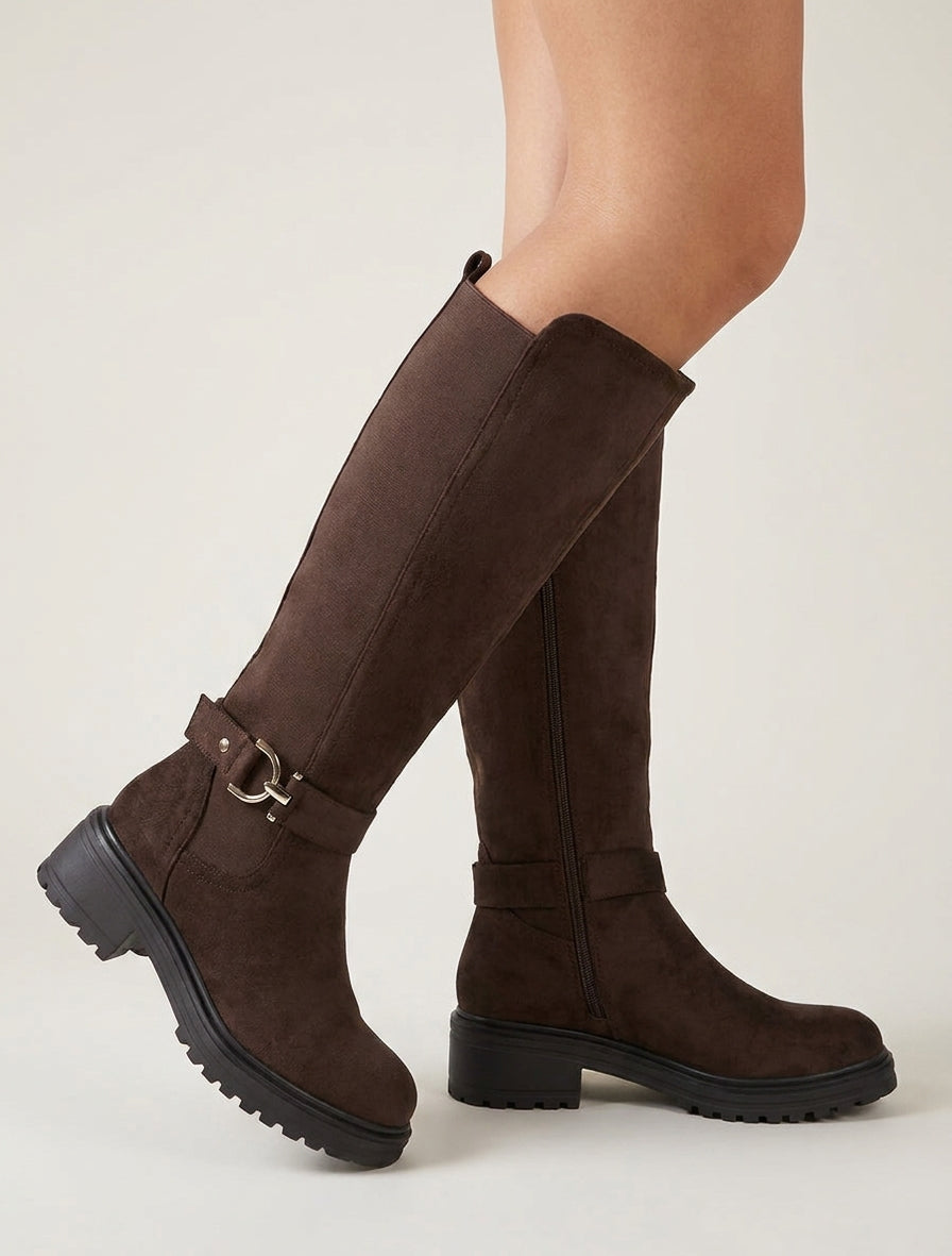 Bottes suédine tige haute crantées - Chocolat