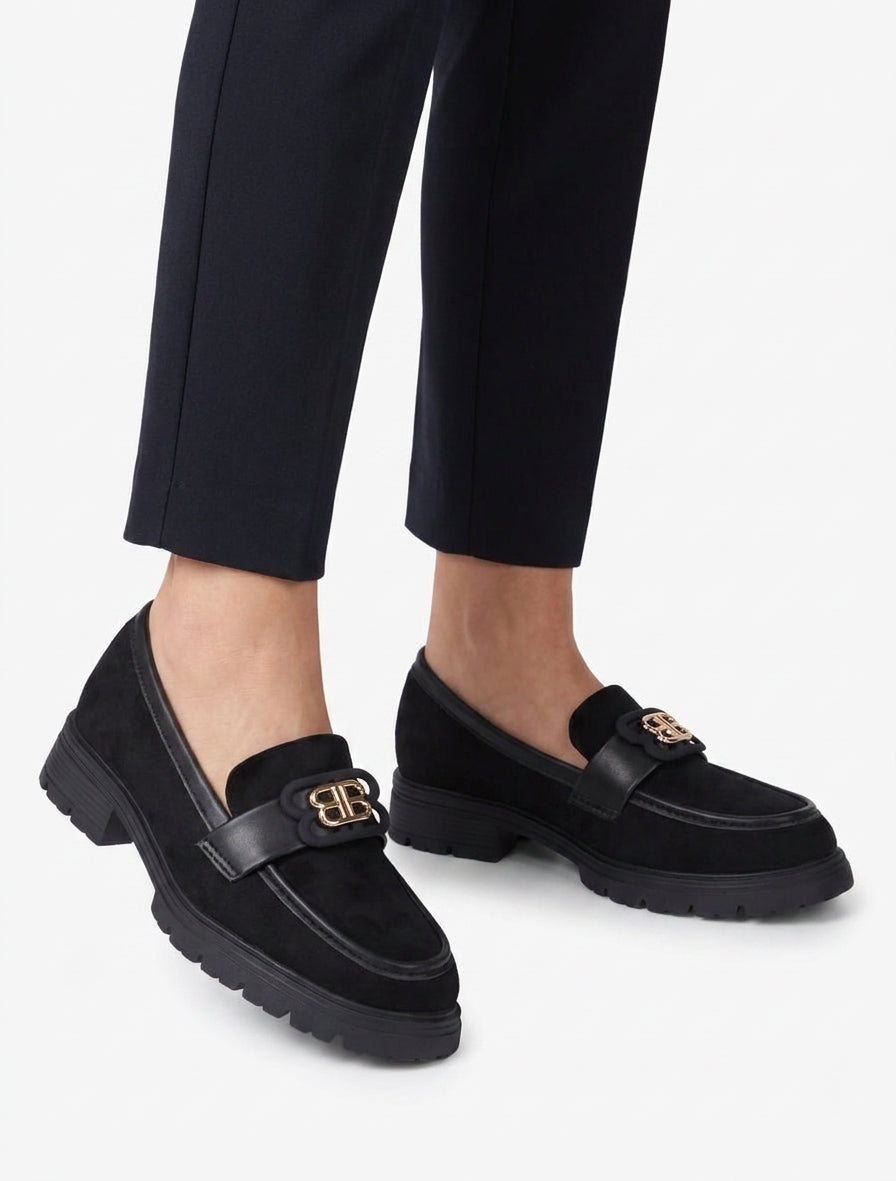 Mocassins en suédine talon bloc cranté - Noir