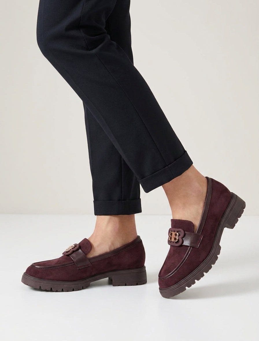 Mocassins suédine talon bloc cranté - Bordeaux