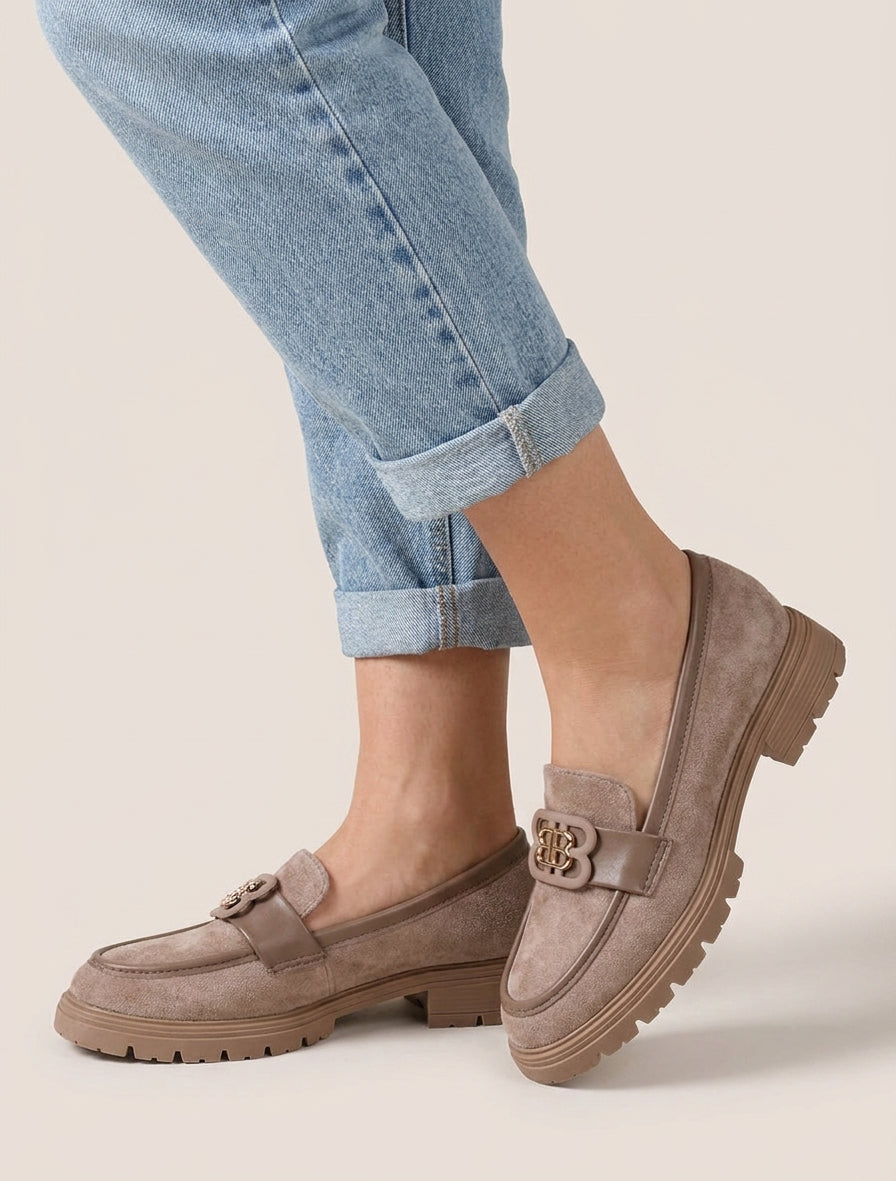 Mocassins suédine à talon bloc cranté - Taupe