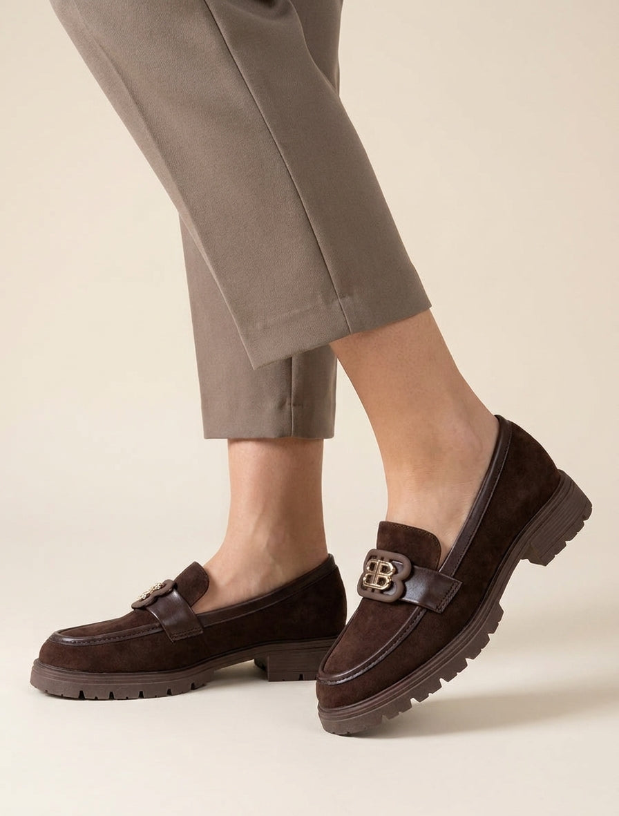 Mocassins en suédine à talon bloc cranté - Marron