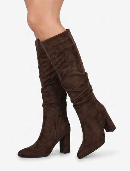 Bottes froncées talon carré 9 cm - Marron