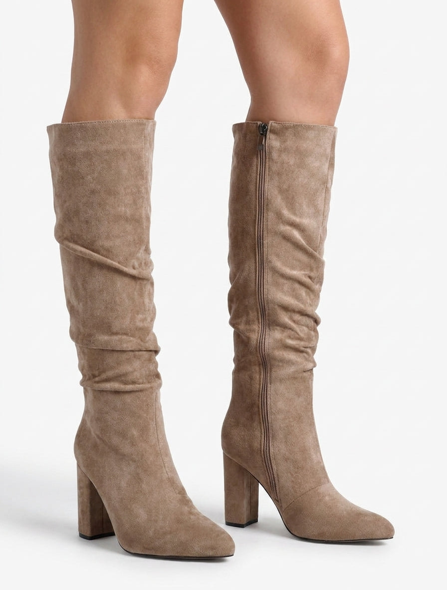 Bottes froncées talon carré 9 cm - Taupe