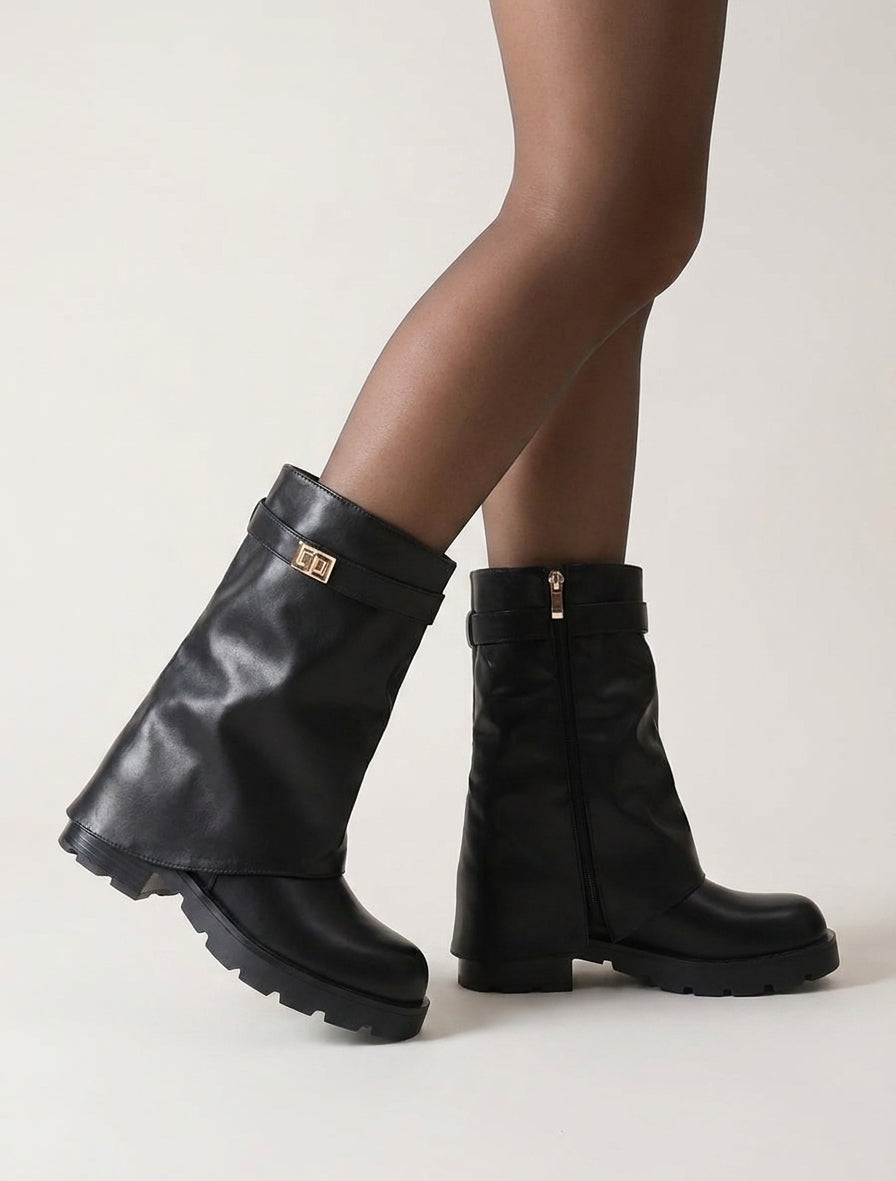 Bottines renversées talon bloc cranté - Noir
