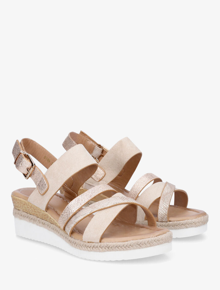 Sandales compensées en simili et suédine - Beige - 4