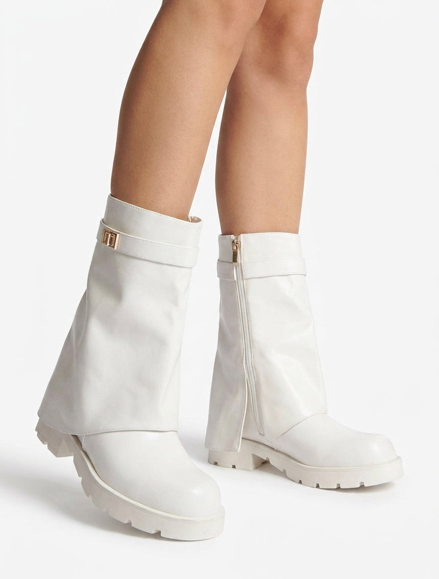 Bottines renversées talon bloc bijou - Blanc