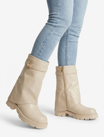 Bottines renversées talon bloc - Beige