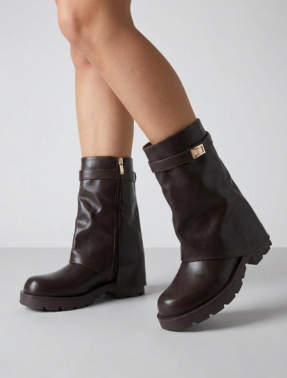 Bottines renversées talon bloc - Chocolat