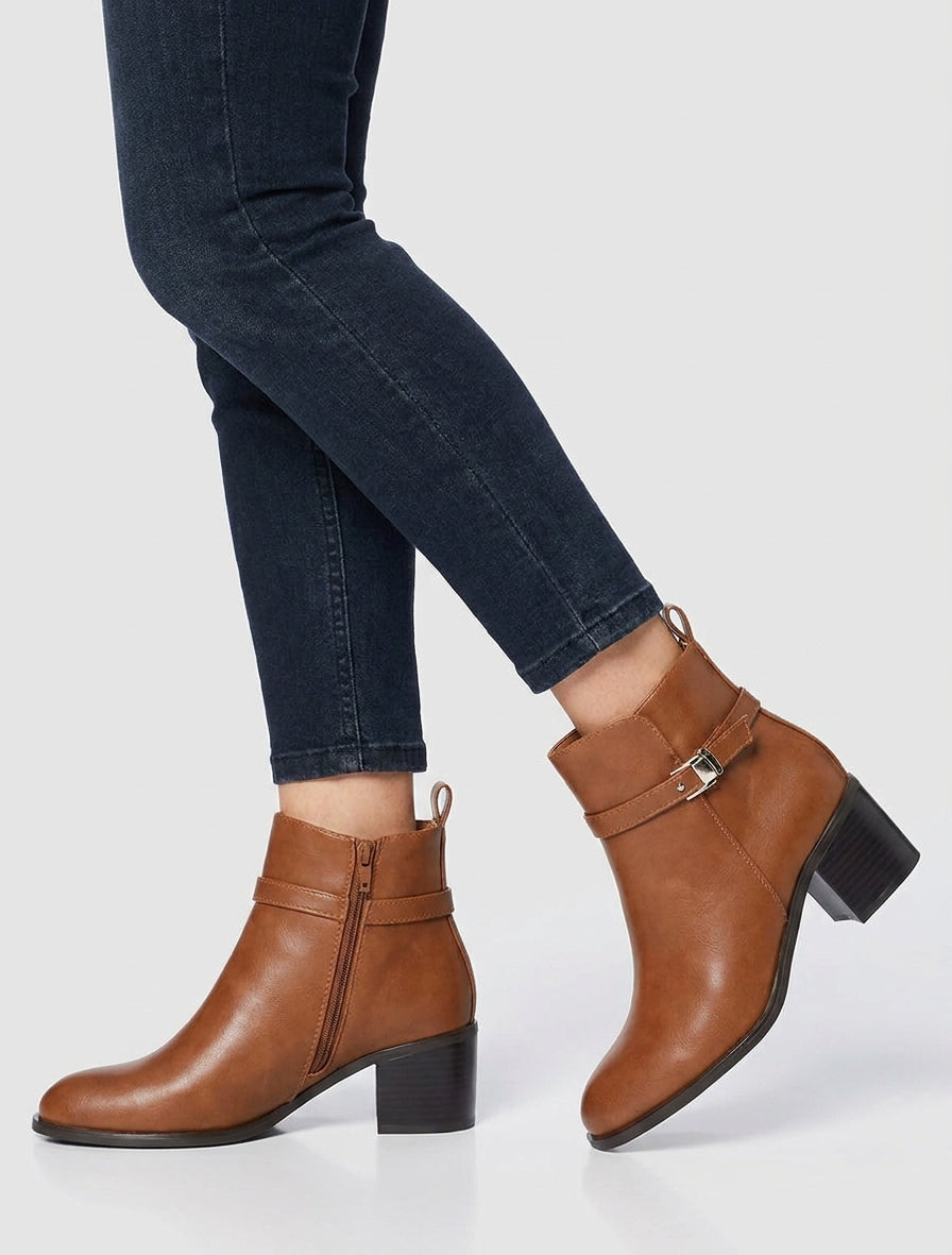 Bottines talon bloc sangle - Camel