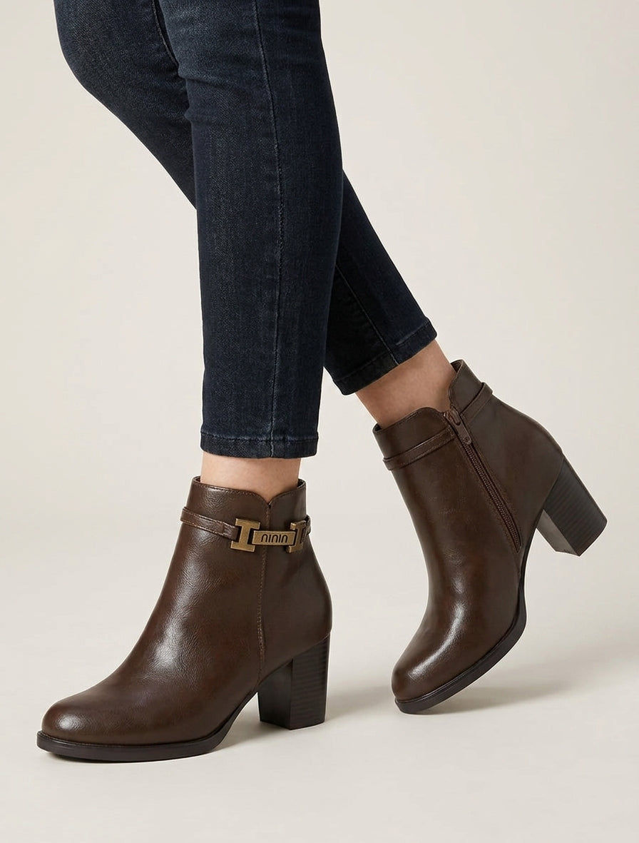 Bottines simili talon bloc - Marron