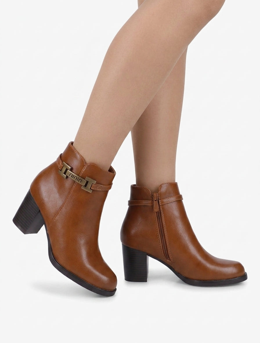 Bottines talon bloc à zip - Camel