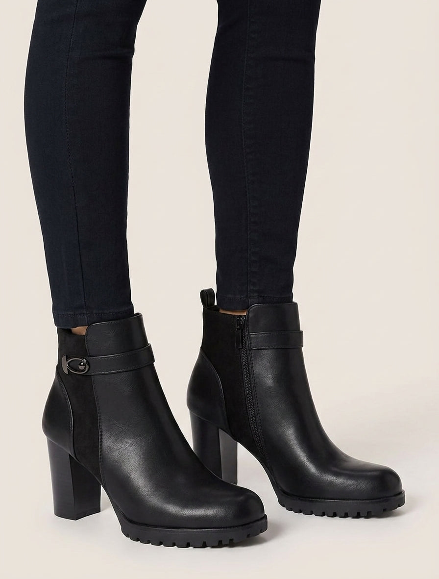 Bottines talon bloc et semelle crantée - Noir