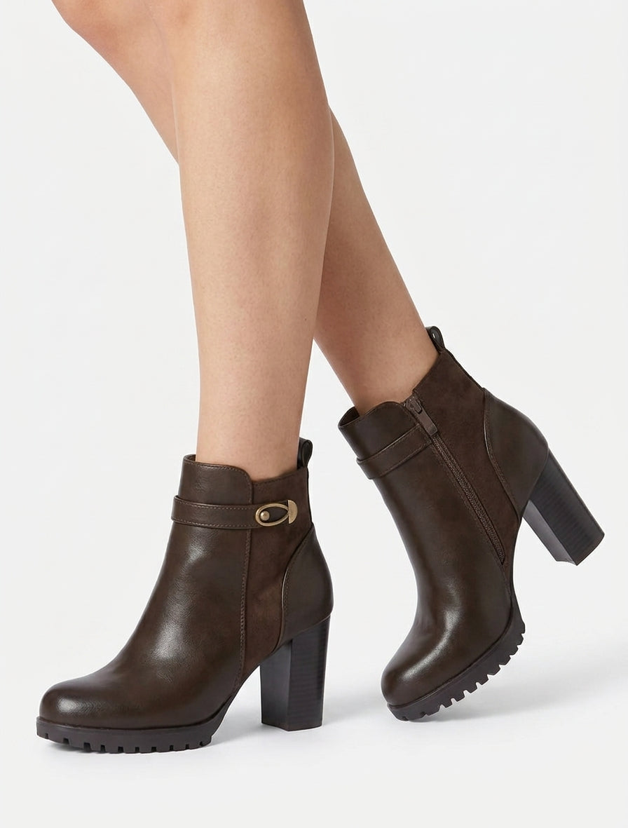 Bottines talon bloc crantées - Marron