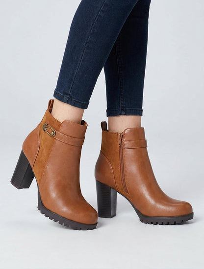 Bottines à talon bloc et boucle - Camel