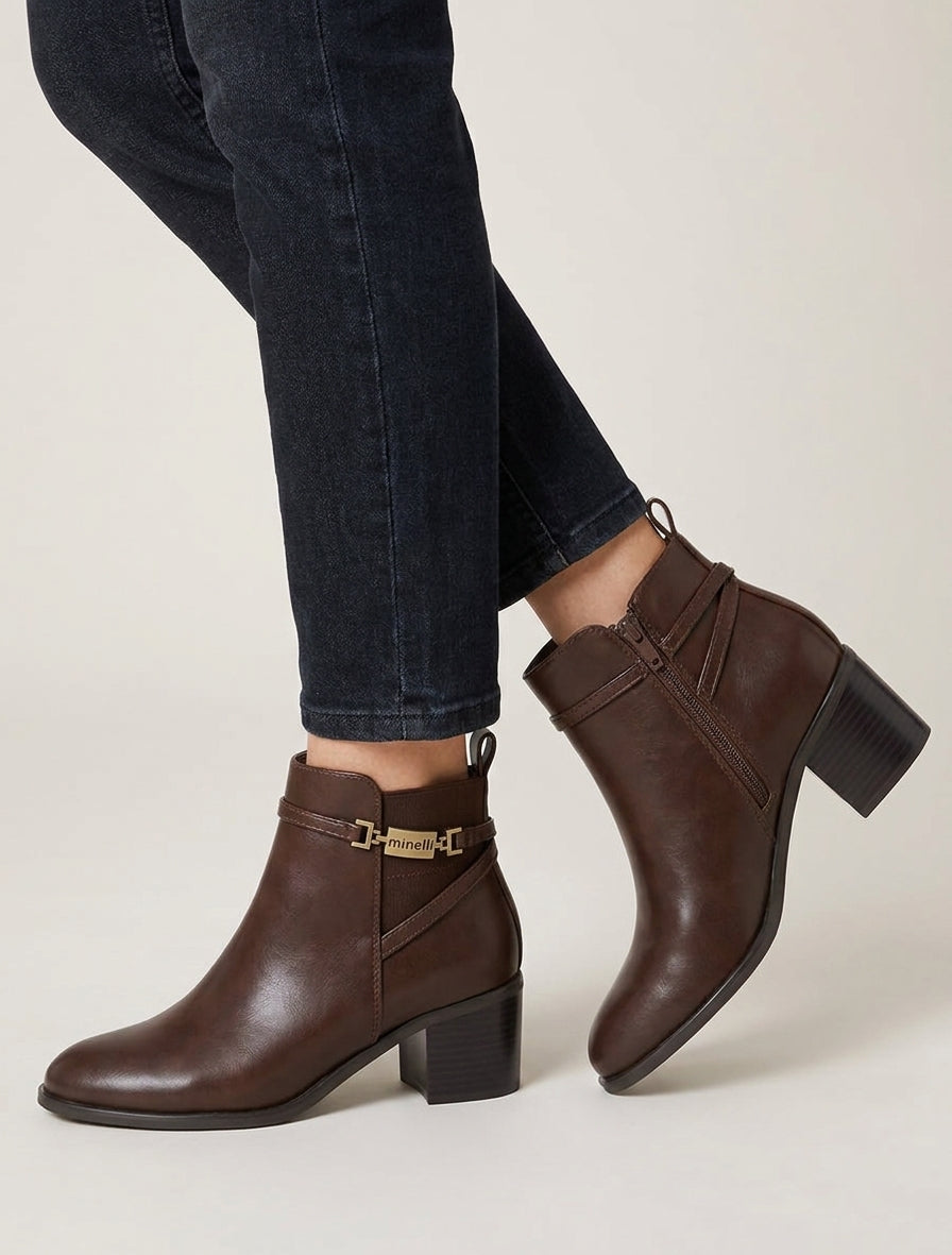 Bottines talon bloc et sangle - Marron