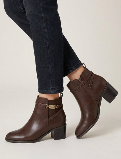 Bottines talon bloc et sangle - Marron