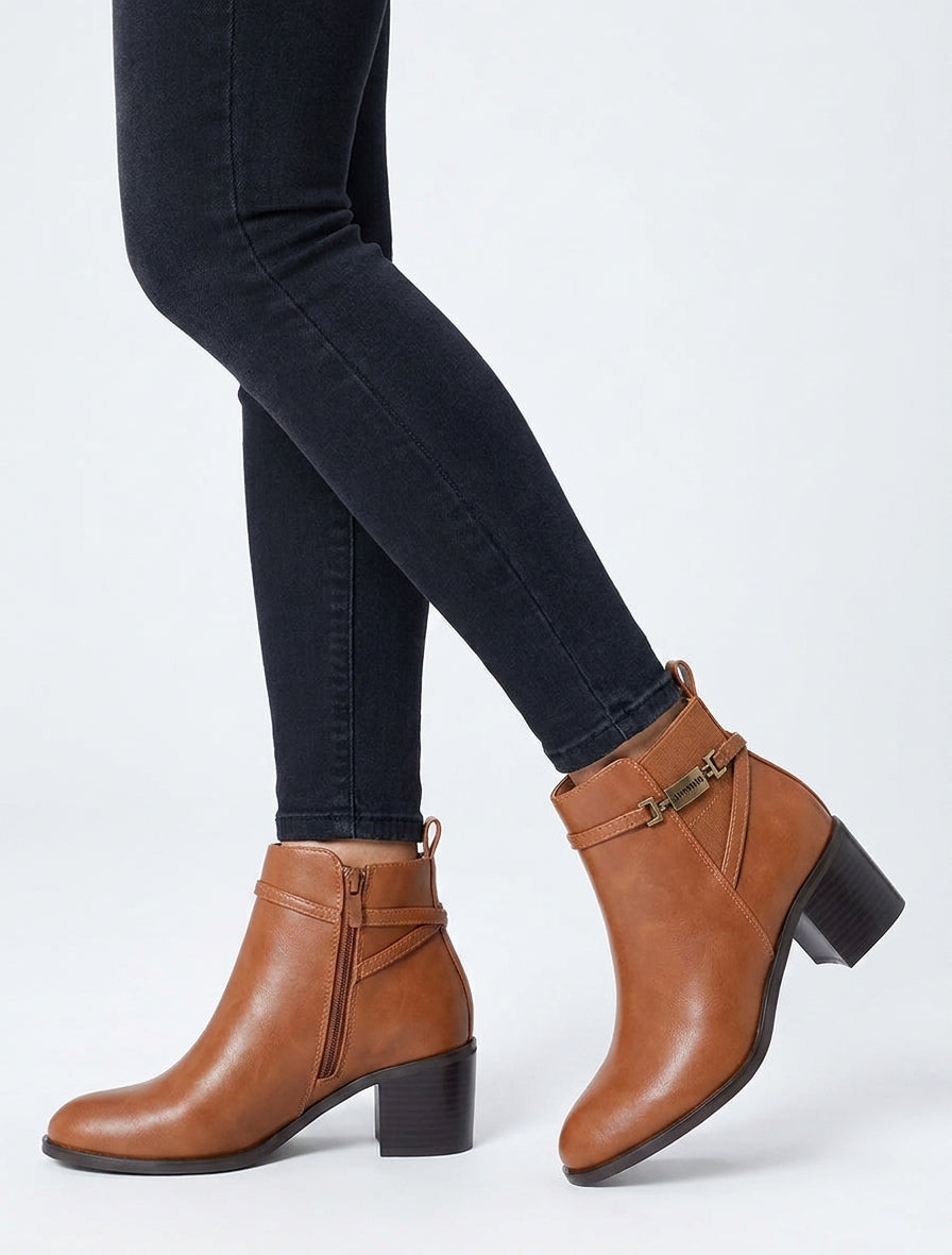Bottines talon bloc à sangle - Camel