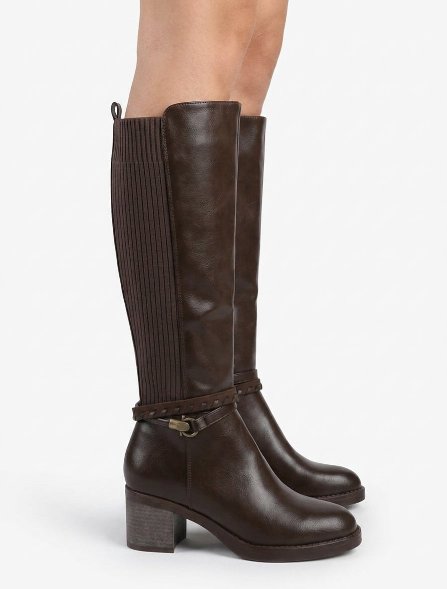 Bottes à talon bloc et sangles - Marron