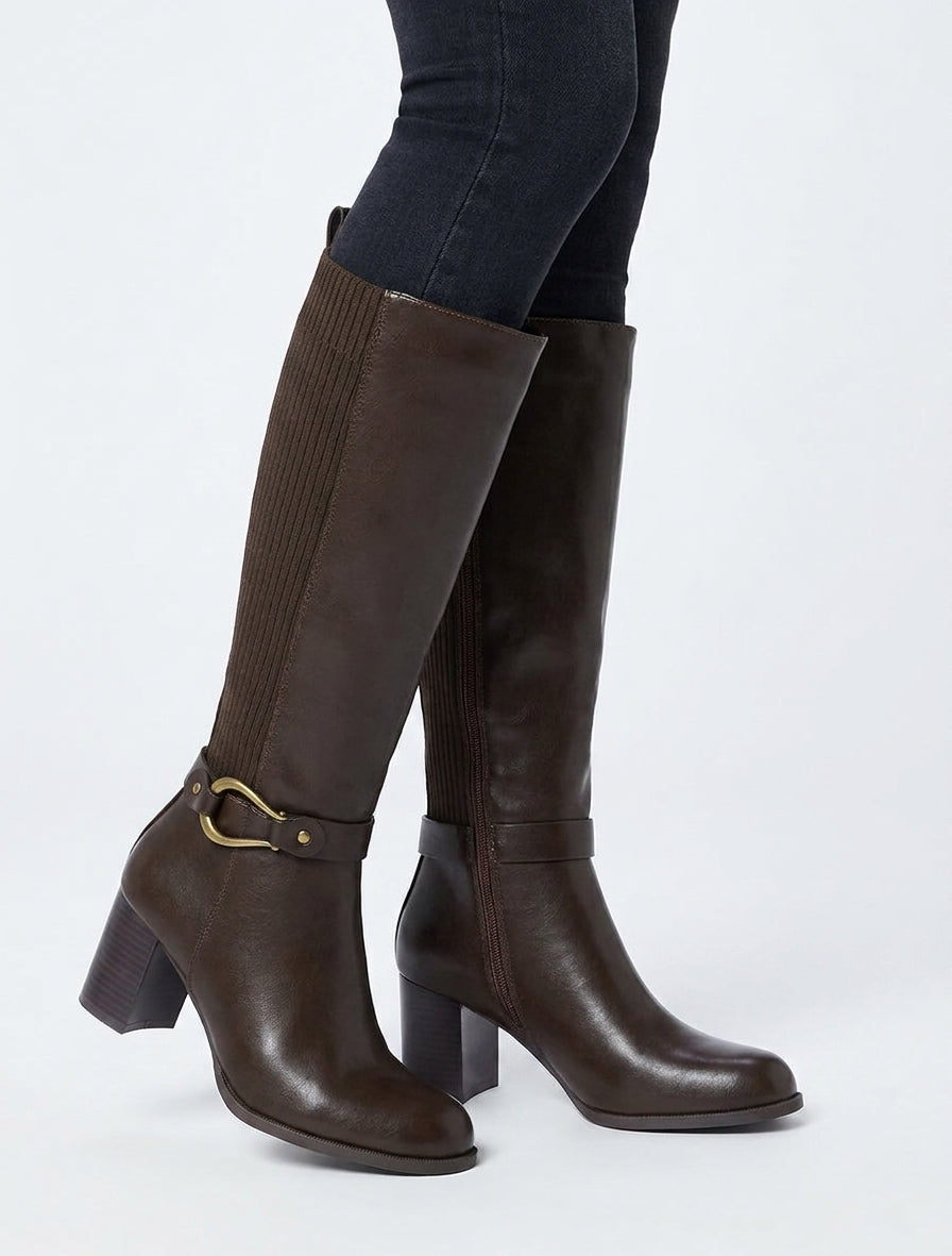 Bottes bimatière talon bloc - Marron