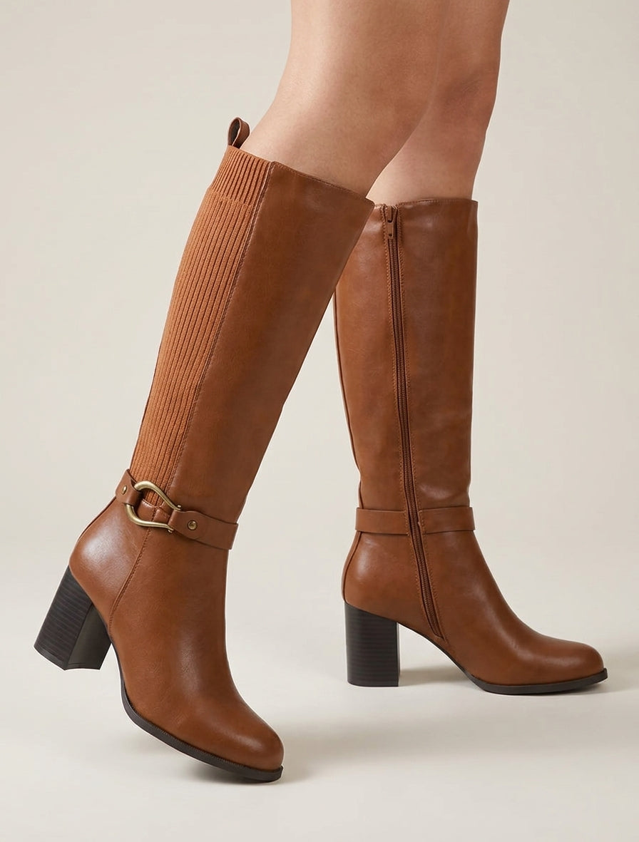 Bottes bimatière talon bloc - Camel