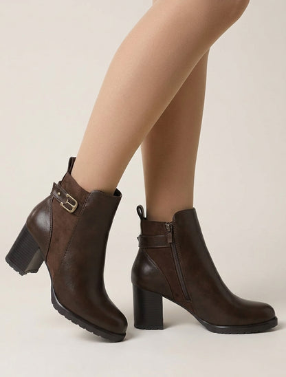 Bottines talon cranté et boucle cheville - Marron