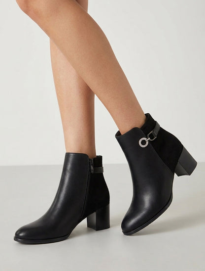 Bottines bimatière talon bloc strassé - Noir