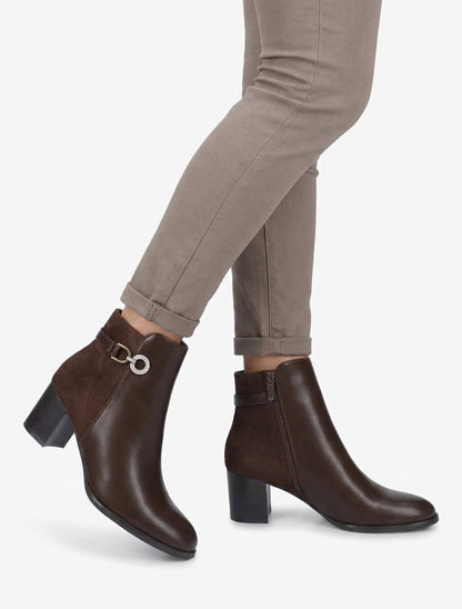 Bottines talon bloc à zip strassé - Marron