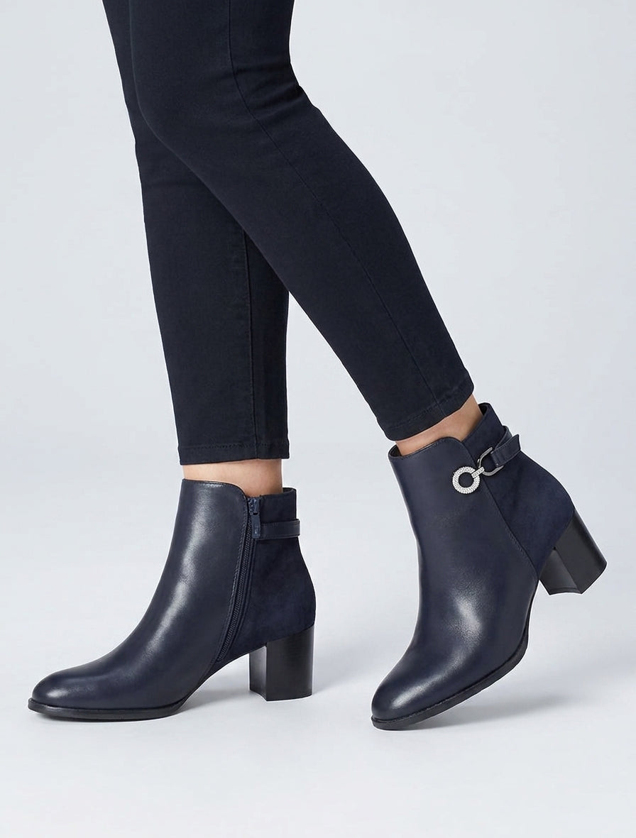 Bottines bimatière talon bloc strassé - Marine