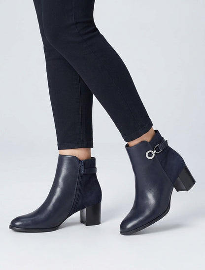Bottines bimatière talon bloc strassé - Marine