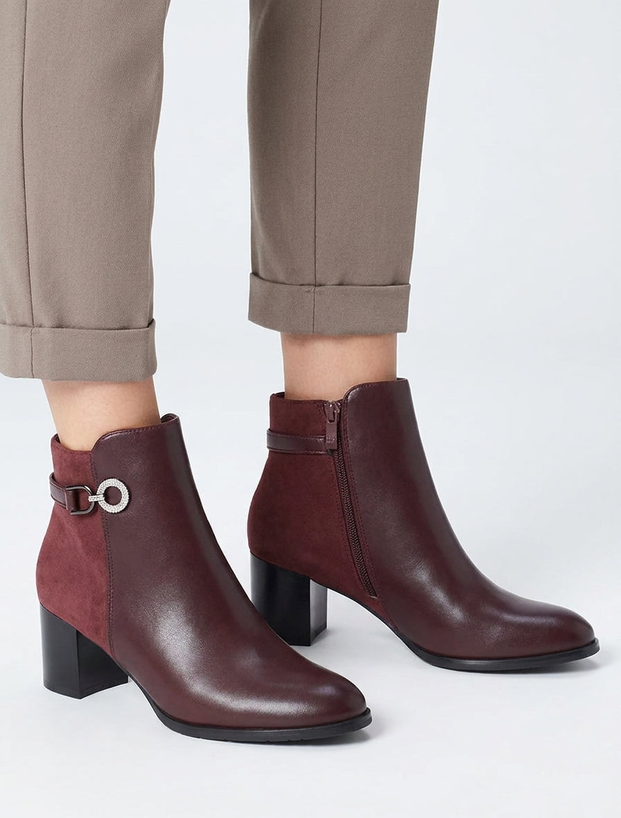 Bottines bimatière talon bloc strassé - Bordeaux