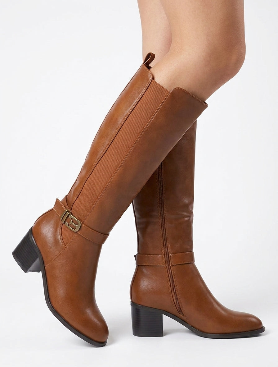 Bottes à talon biseauté et boucle - Camel