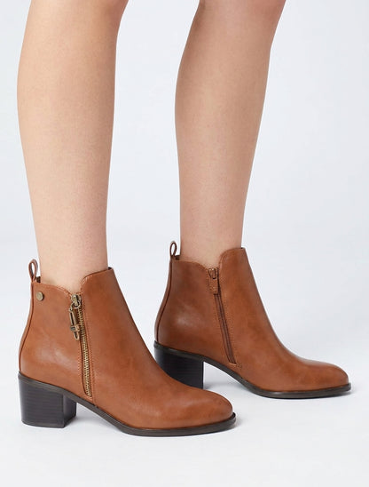 Bottines talon bloc à zip - Camel