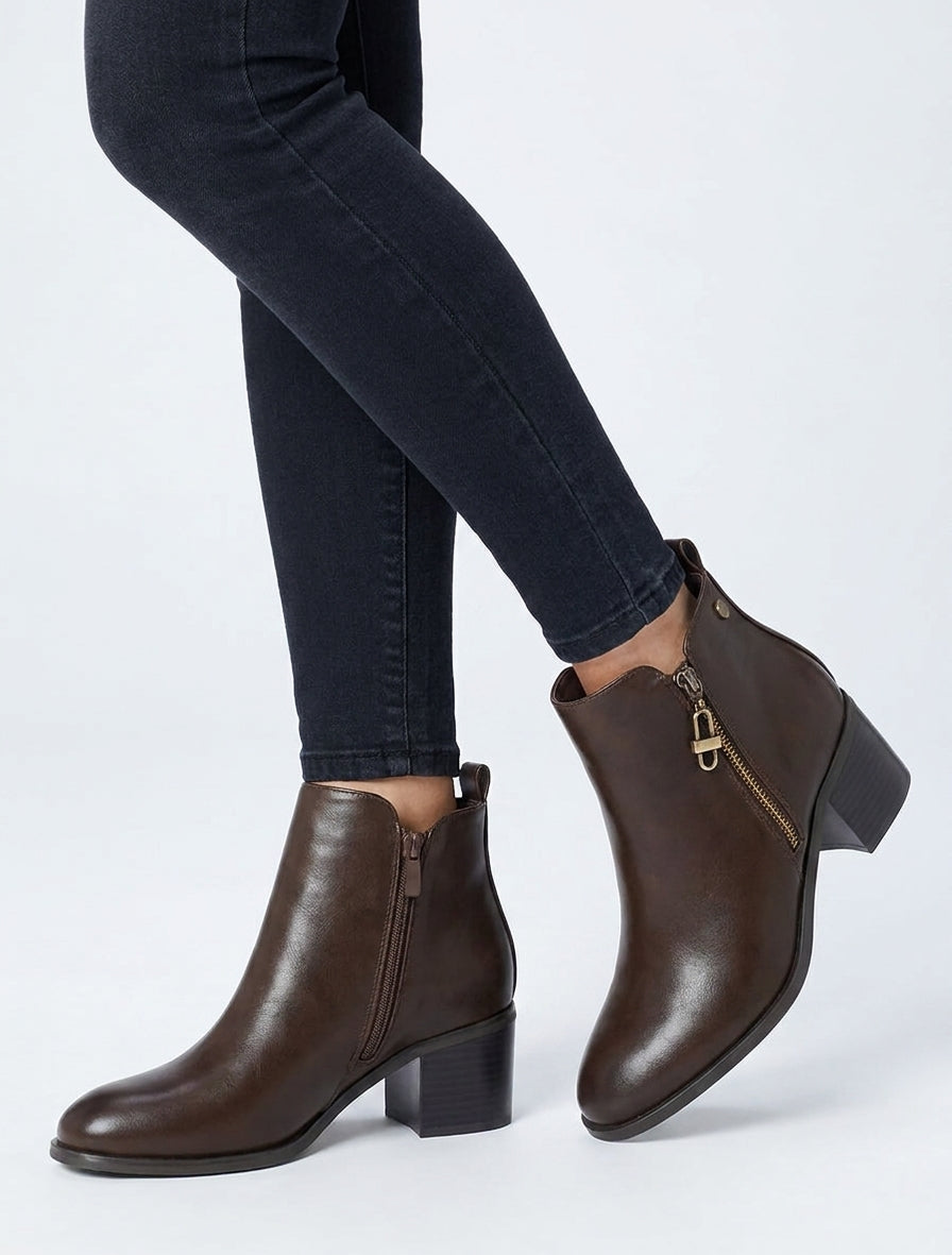 Bottines en simili talon bloc - Marron