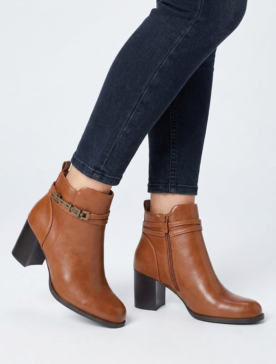 Bottines talon bloc à zip - Camel