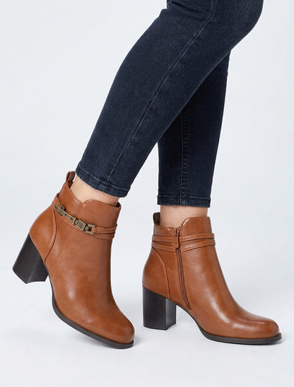 Bottines talon bloc à zip - Camel