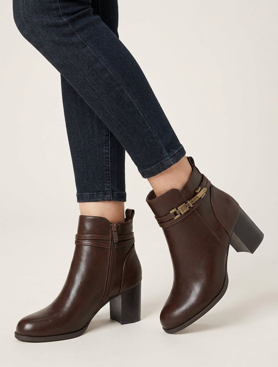 Bottines talon bloc métal - Marron