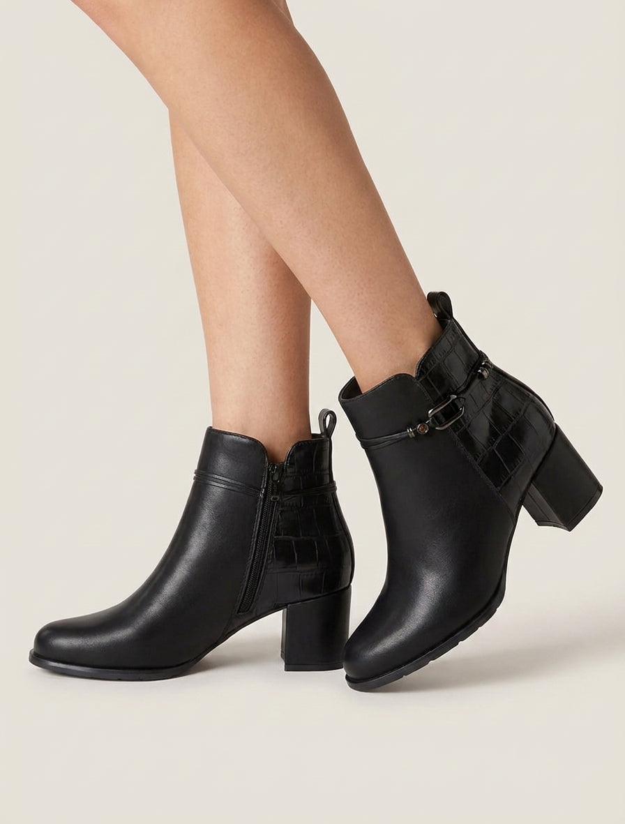 Bottines talon croco et bijoux - Noir