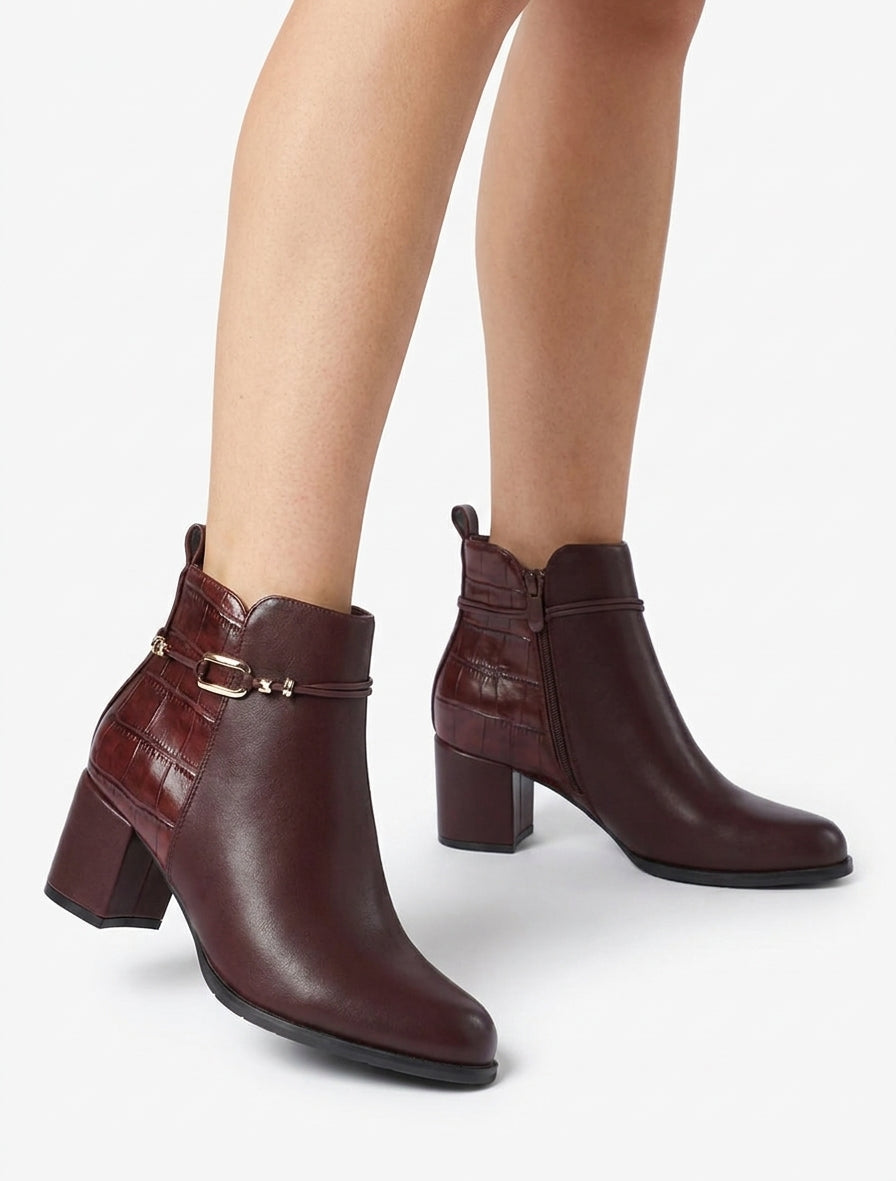Bottines talon croco bijoux métalliques - Bordeaux