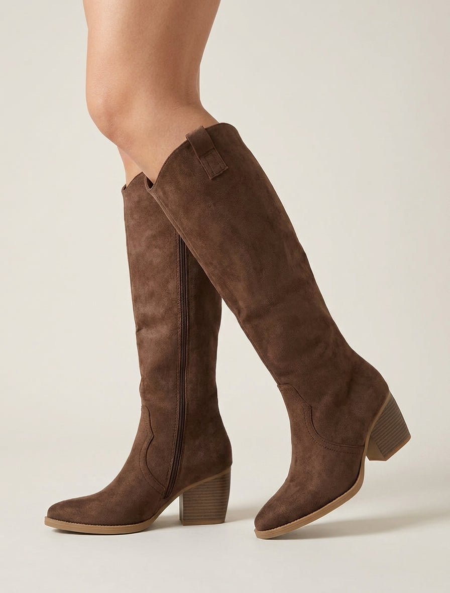 Bottes en suédine talon bloc - Marron