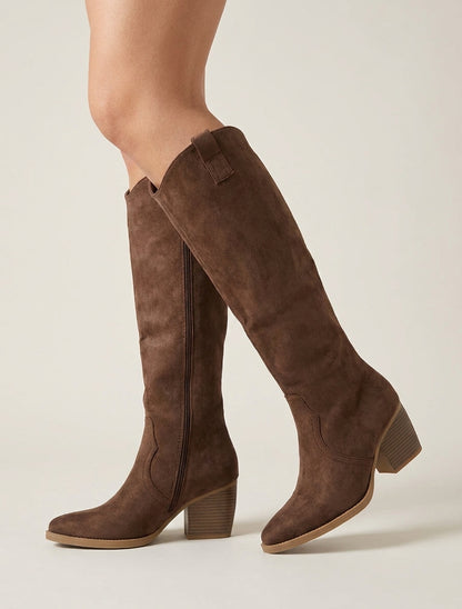 Bottes en suédine talon bloc - Marron