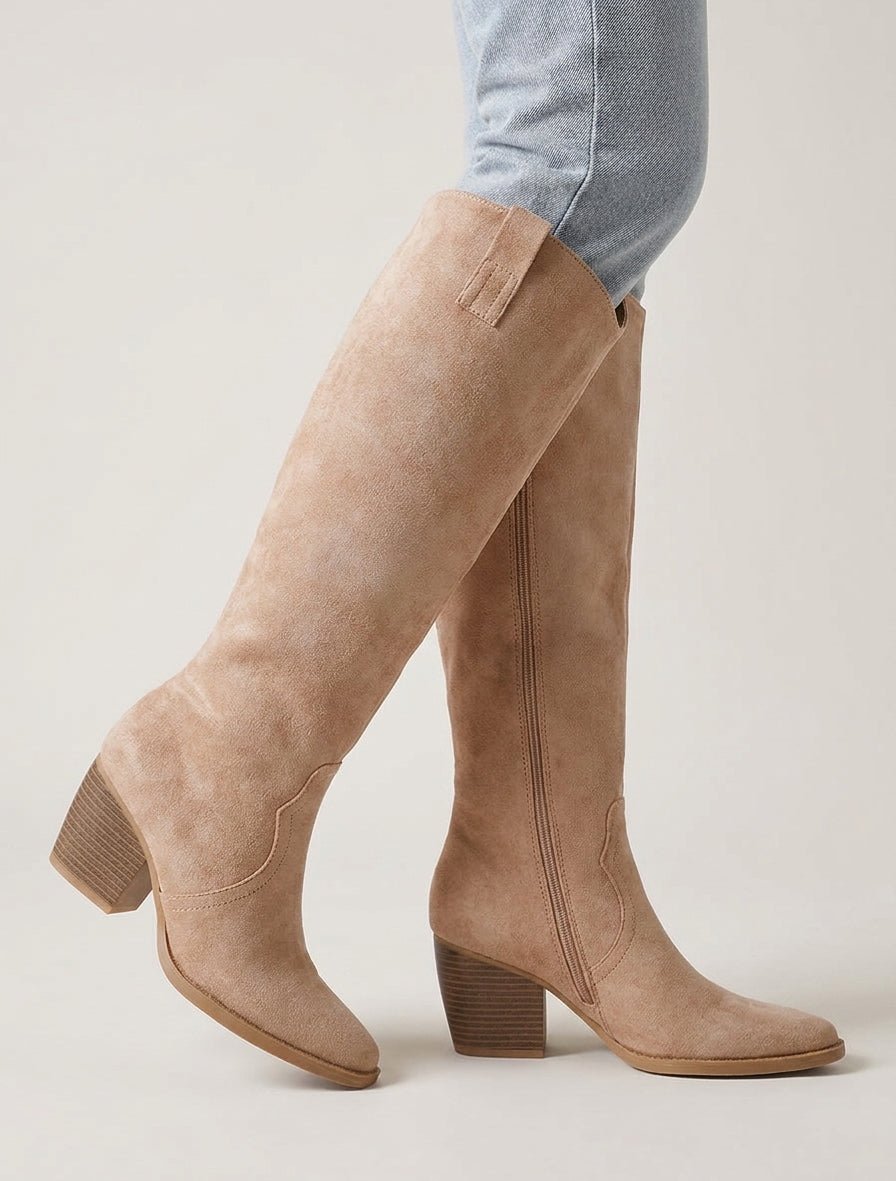 Bottes en suédine talon bloc - Beige