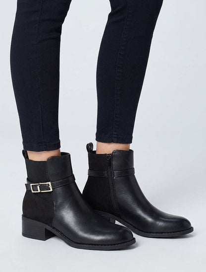 Bottines bimatière talon bloc et zip - Noir