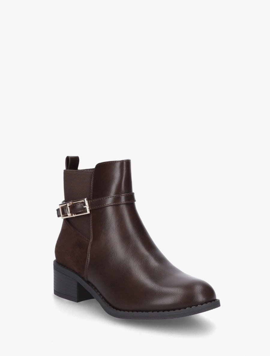 Bottines élastiquées bimatière à boucle métal - Marron - 2