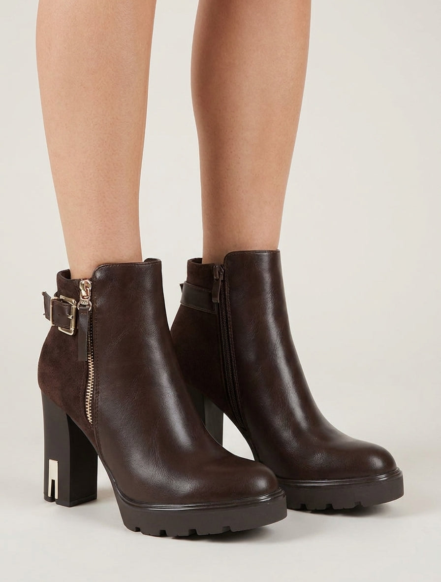 Bottines bimatière talon bloc - Marron