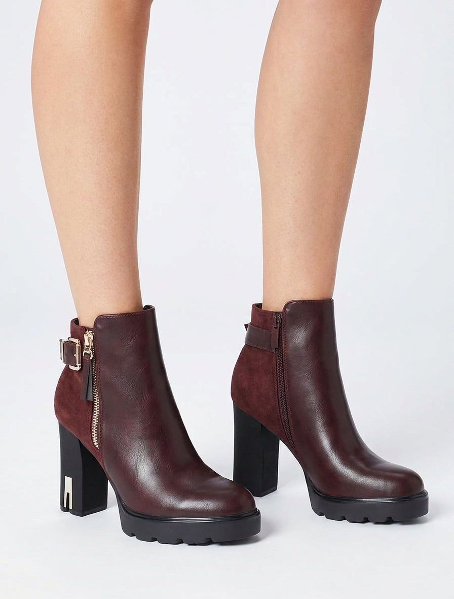 Bottines bimatière talon bloc - Lie de vin