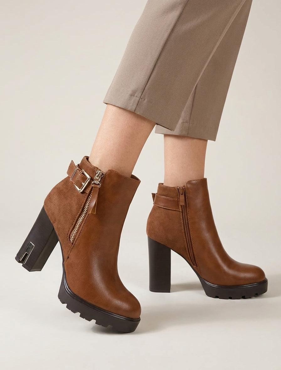Bottines bimatière talon bloc - Camel