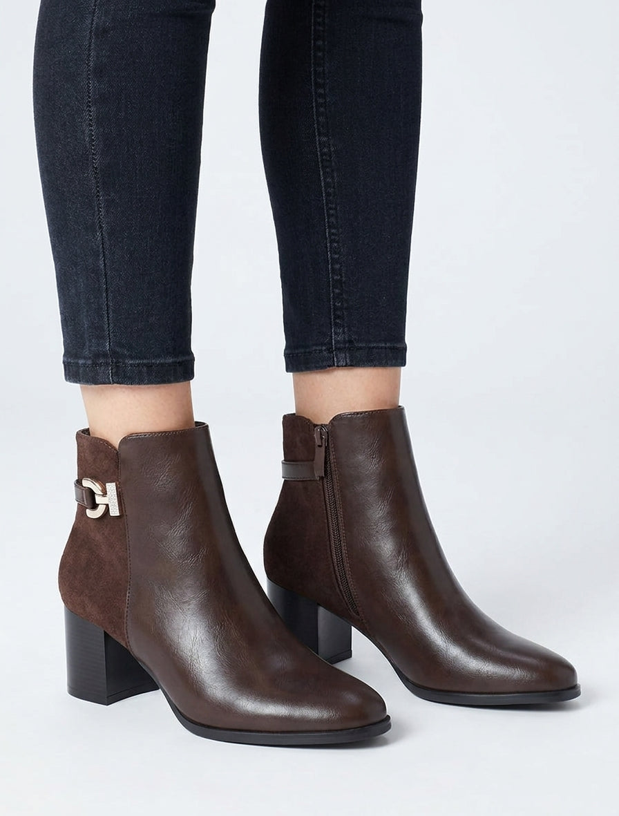 Bottines à talon strassé bimatière - Marron