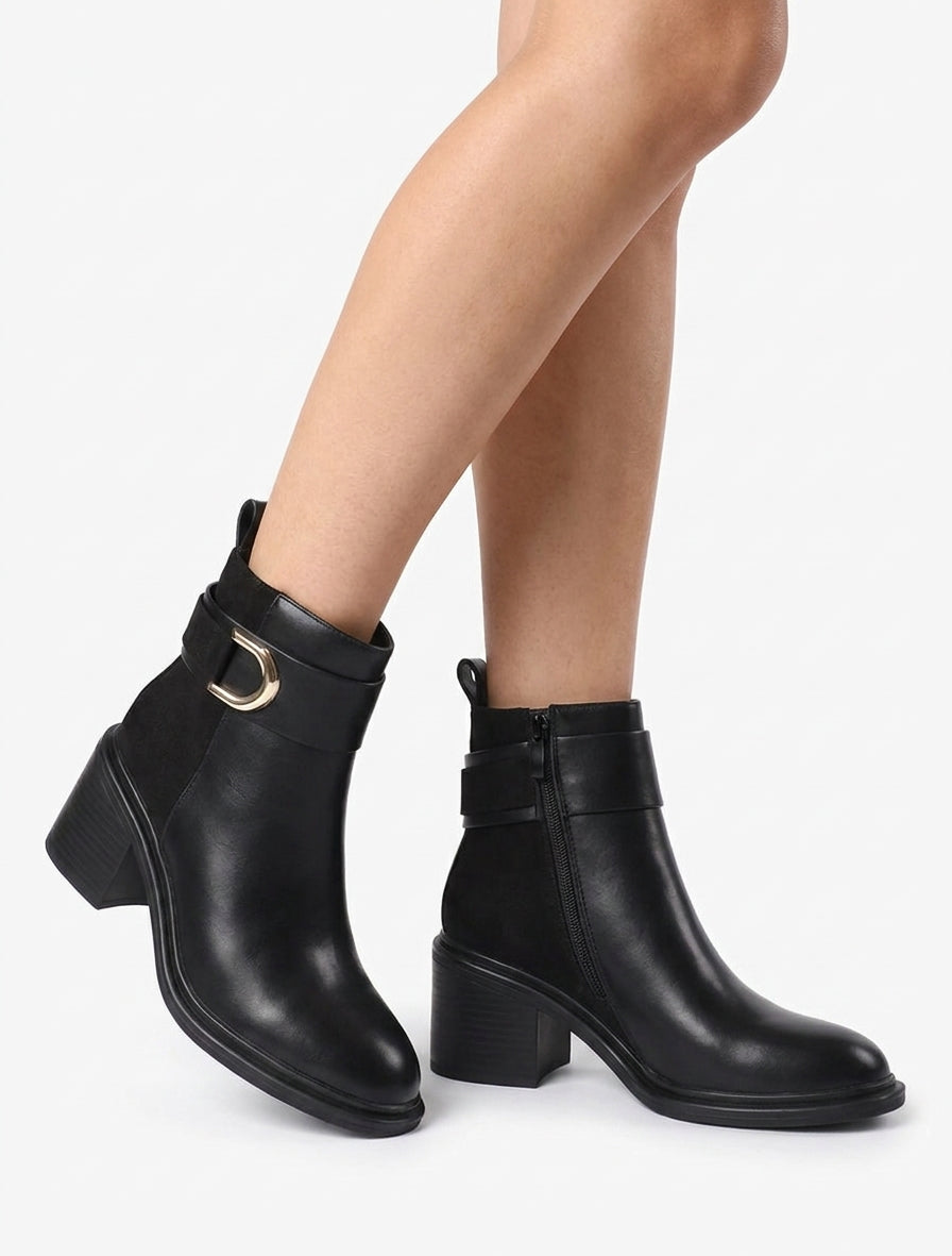 Bottines bimatière à boucle décorative - Noir