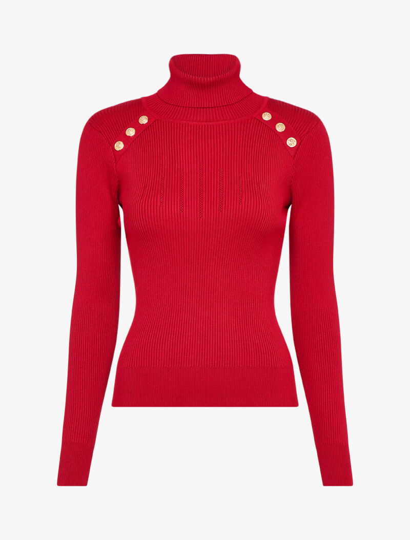 Pull côtelé à col roulé et boutons décoratifs - Rouge - 1
