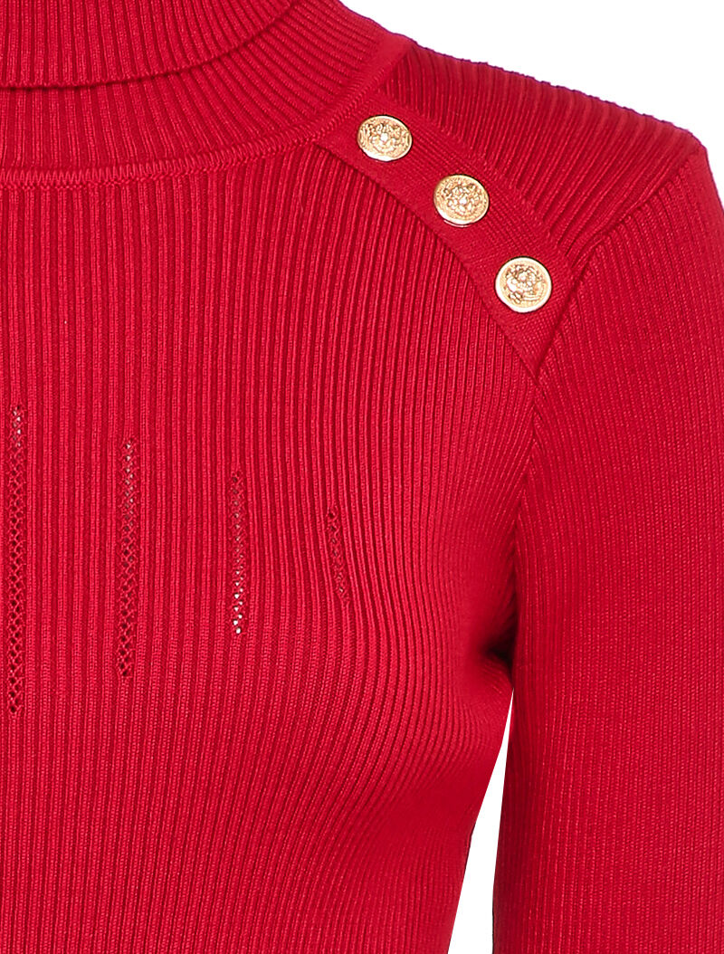 Pull côtelé à col roulé et boutons décoratifs - Rouge - 3